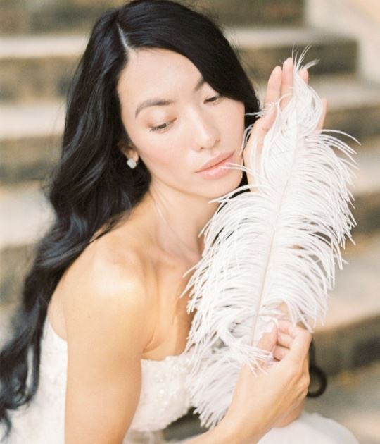Photo of model with a white feather - desktop image